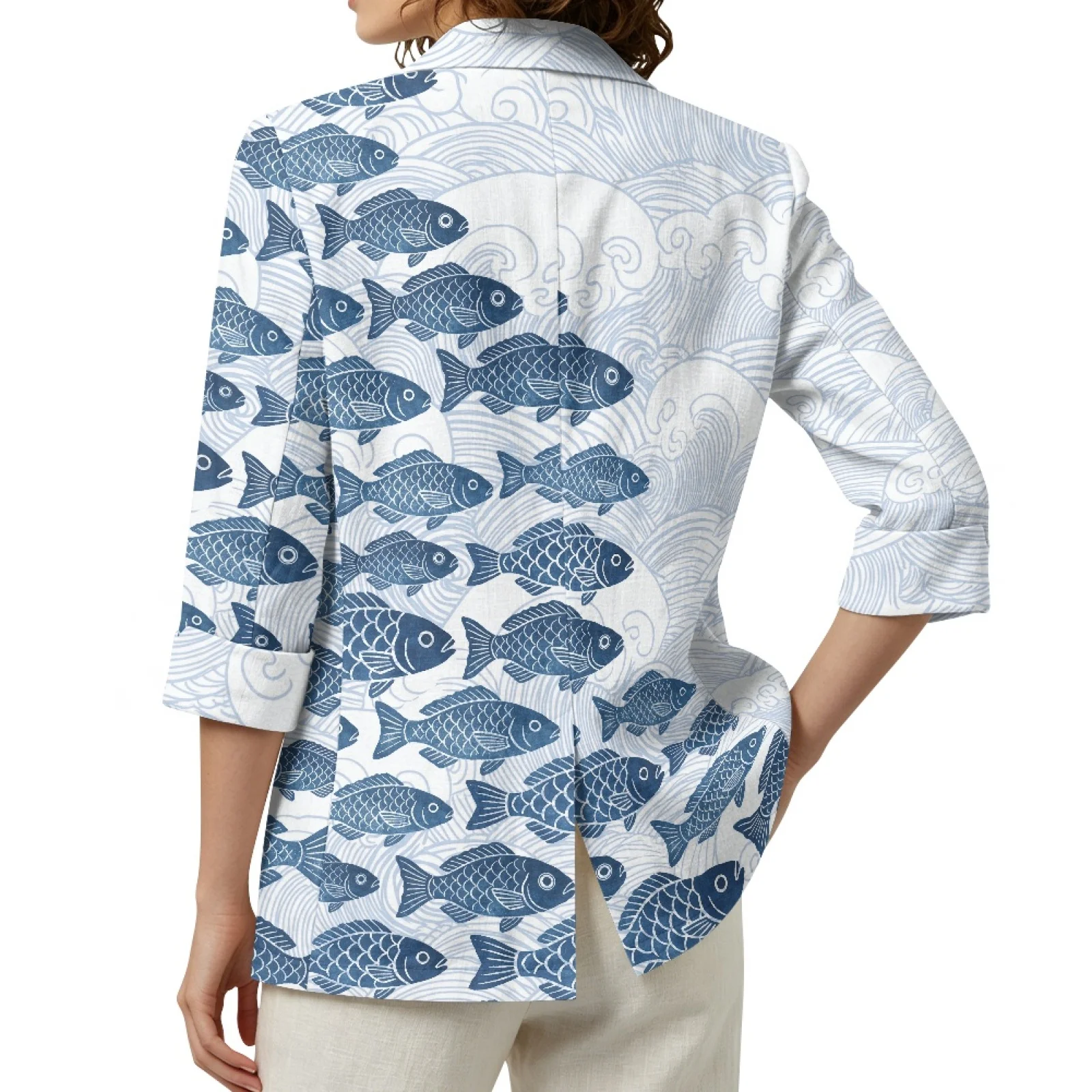 PENSTROLL Loose Linen Style Layering Tank Jacket Lightweight Jackets for Beach Blue Fish Print