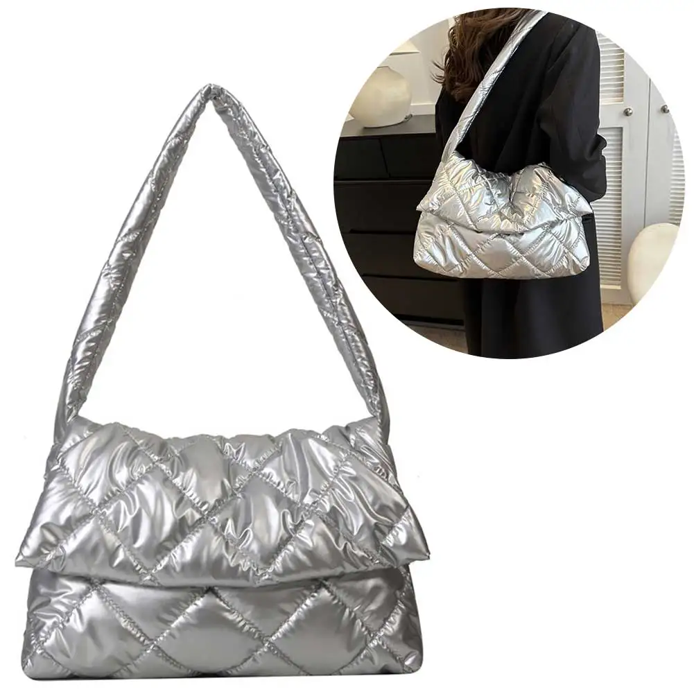 

Women Puffy Tote Bag Large Capacity Soft Nylon Side Bags NewTrend Quilted Big Handbags for Daily Office Use Simple Commute Bag