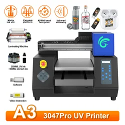 A3 UV DTF Printer A3 UV DTF Flatbed Impresora with Laminating Machine, UV Varnish Ink Set for UV Stickers Metal Wood Glass Stone