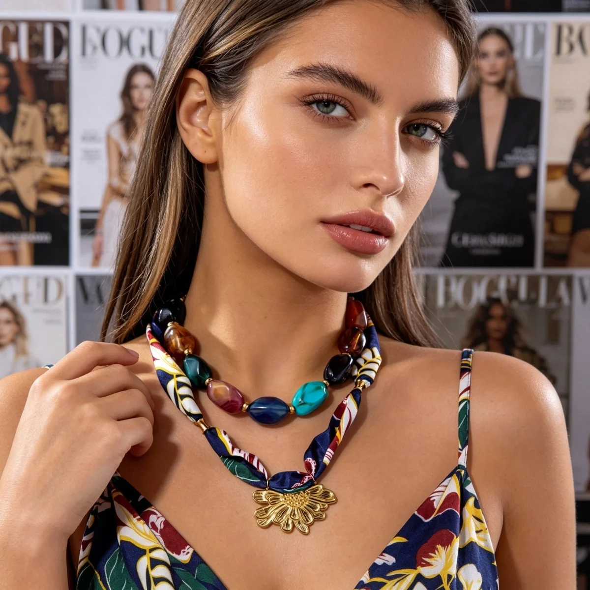 Botanisch bedruckter marineblauer Schal, Edelstahl-Halskette mit geprägten Blumen für Damen, unregelmäßiger Acryl-Perlen-Choker-Schmuck – Detail 15