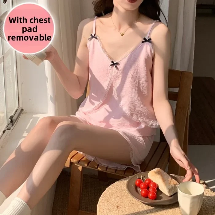 

Summer Sexy solid Lace Splicing Sling Tops and Shorts 2 Pieces Set Sleepwear cotton Pajamas Set with Chest Pad Women Homewear