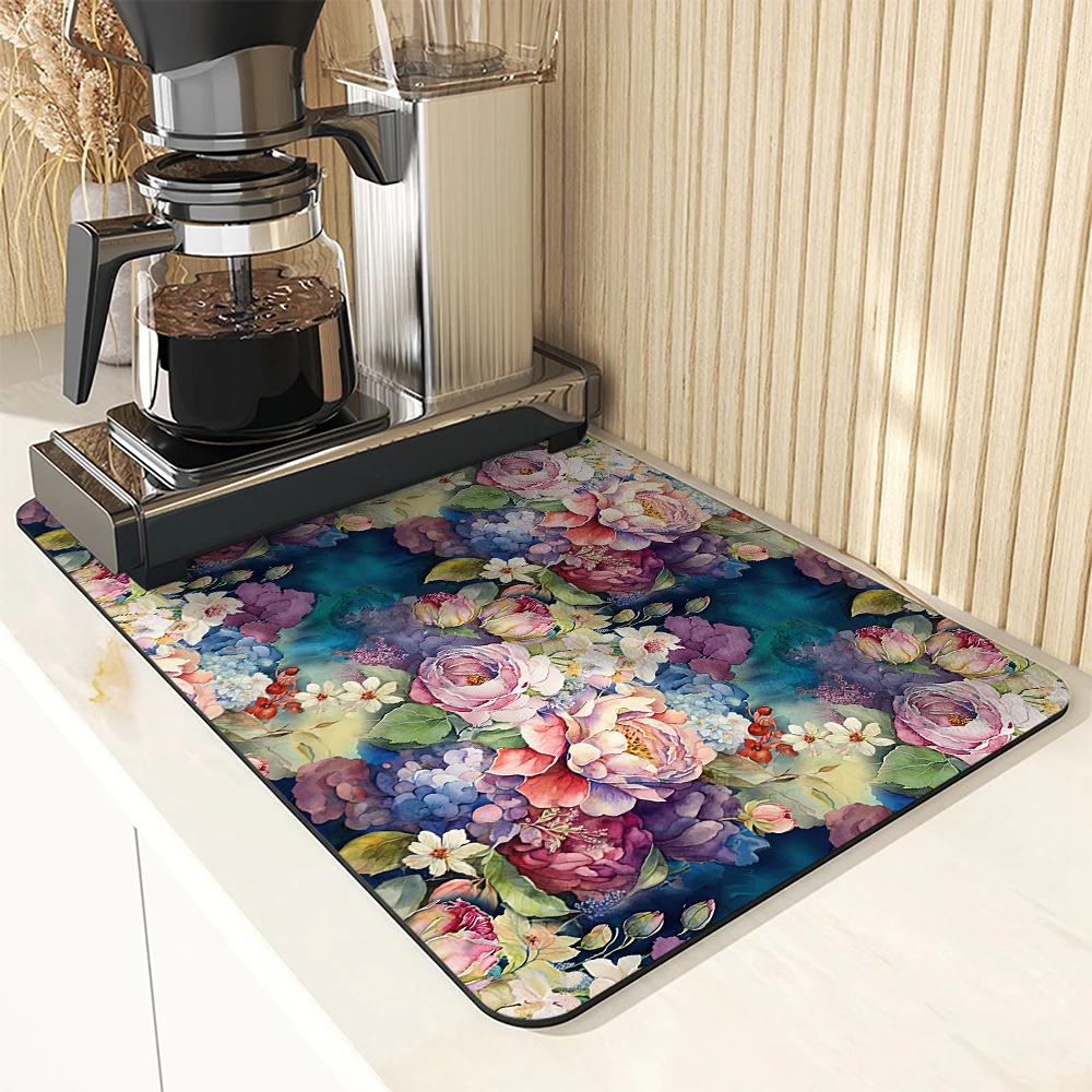 Kitchen Countertop Absorbent Mat, Watercolor Plant And Flower Soft Diatom Mud Anti-absorbent Mat, Kitchen Accessories