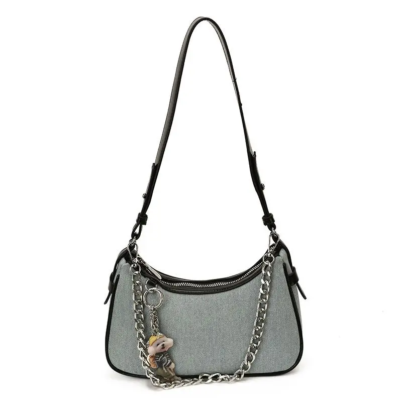 Black Light Blue Denim Hobo Bag Silver Chain Brown Leather Commute Handbag Shoulder Purse Phone Crossbody Handle for Women Girls
