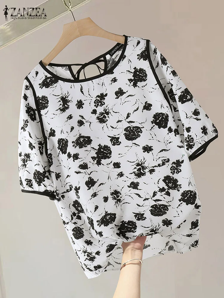 ZANZEA-camisa con estampado Floral Vintage para mujer, Blusas de trabajo de media manga con cordones, cuello redondo, talla grande, Verano