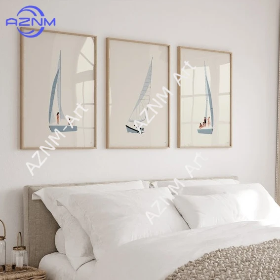 Minimalist Blue Sailing Art Canvas Print People Boating on The Coast Beach Wall Art Posters for Modern Living Room Home Decor