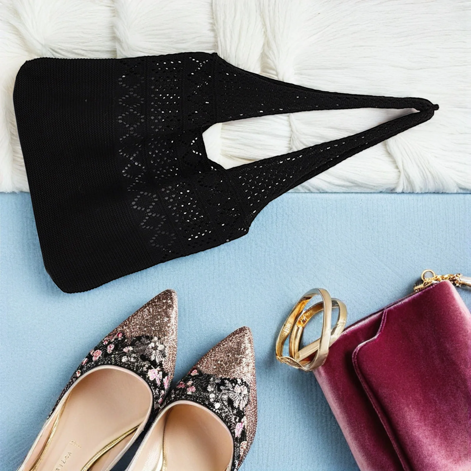 1 قطعة محبوك جوفاء المرأة حبال سوداء خفيفة الوزن حمل حقيبة كتف محبوك حقيبة سيدة محفظة السفر عطلة التسوق