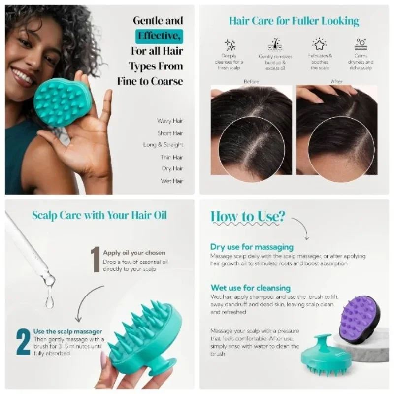 

Массажер для кожи головы, щетка для шампуня, мягкая силиконовая щетина для удаления перхоти, как для влажных и сухих волос, подходит для мужчин и женщин