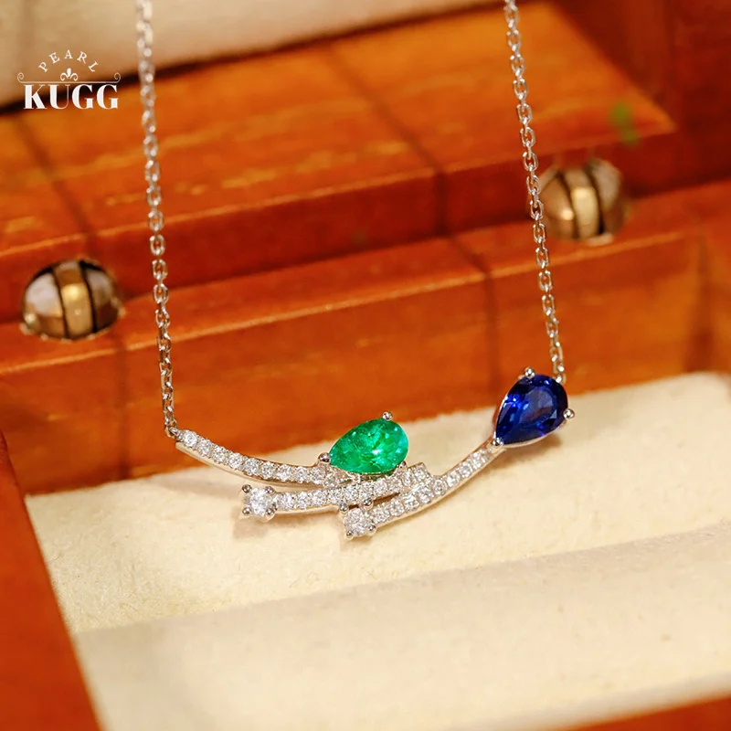 

KUGG 18K White Gold Necklace Romantic Style Real Diamond Natural Emerald Gemstone Necklace for Women High Engagement Jewelry