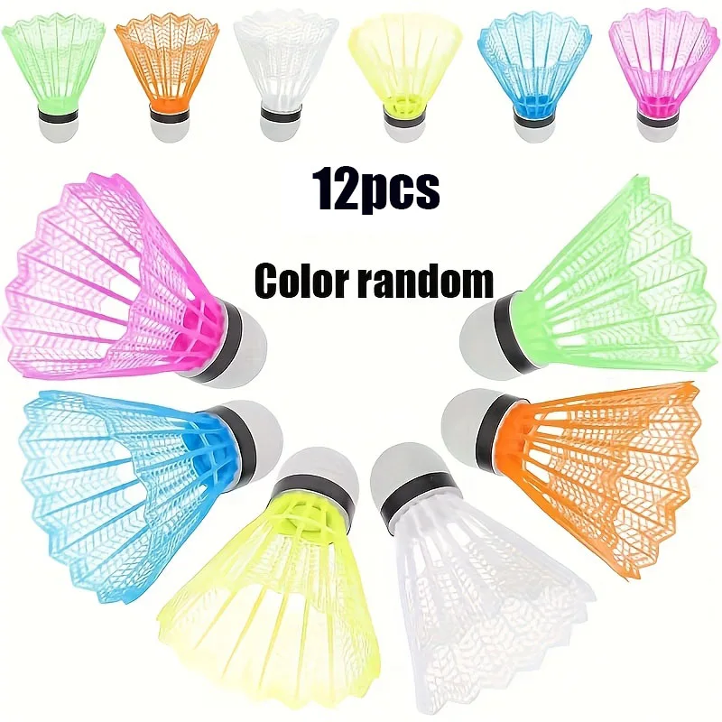 

12 pieces of colored plastic nylon badminton, durable and windproof, suitable for indoor and outdoor competition training. Light