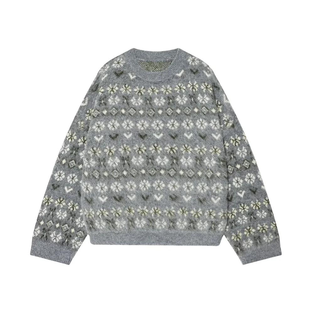 

Осенне-зимняя новая женская модная повседневная жаккардовая трикотажная рубашка с круглым вырезом и длинными рукавами с эффектом начеса