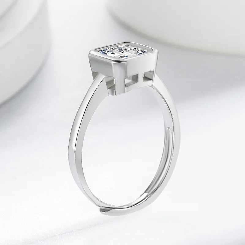 Princess Cut Square CZ Ring for Women 925 Sterling Silver Adjustable Engagement Wedding Band