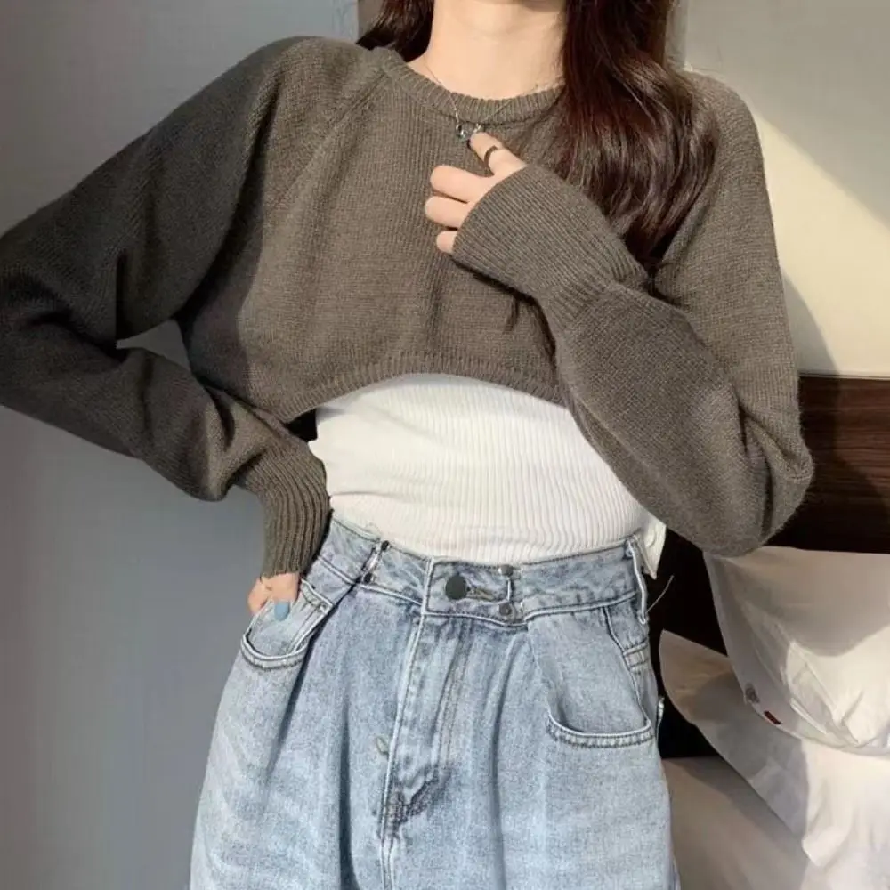 Camiseta corta de punto de manga larga de ocio otoño estilo coreano cubrir Top corto suéter suelto prendas de punto de ganchillo otoño primavera
