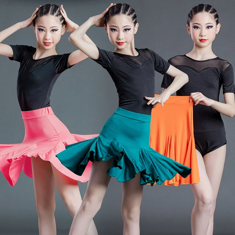 Kids Short Sleeve Latin Rumba Dance Skirt Girls Modern Ballroom Party Stage Performance Competition School Practice Costumes