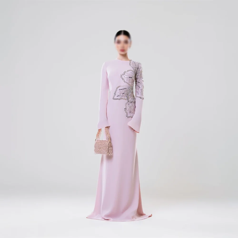 جودة عالية طويلة الأكمام فستان سهرة رسمي وردي دقيق مطرزة س الرقبة فستان الحفلات مستقيم فساتين المشاهير