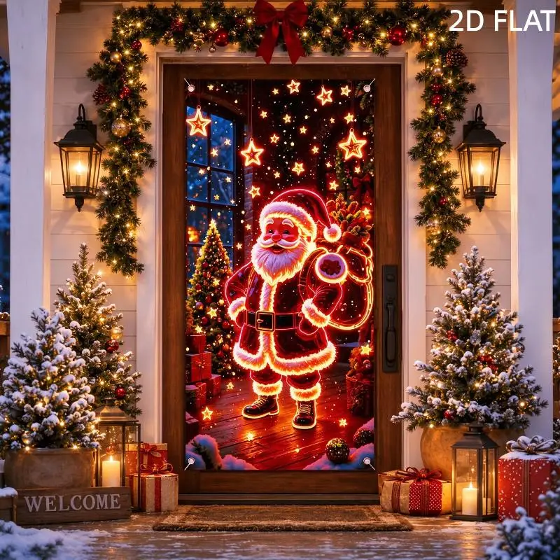 2D Flat Christmas Door Cover With Glowing Neon Santa Pattern For Front Door Home Holiday Party Decor