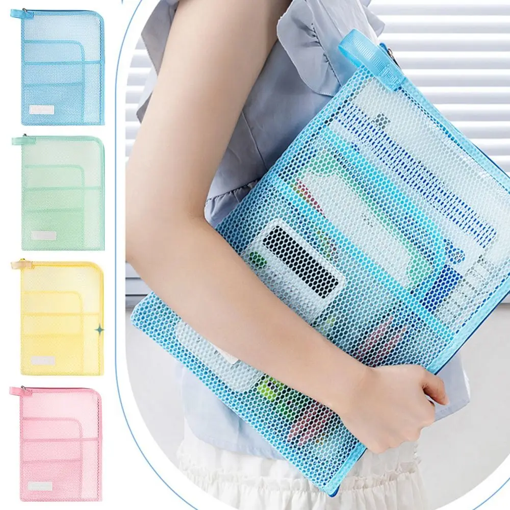 Multi Functional Mesh A4 File Folder L-shape Large Opening Dopamine Color File Bag Large Capacity Document Folder Gift
