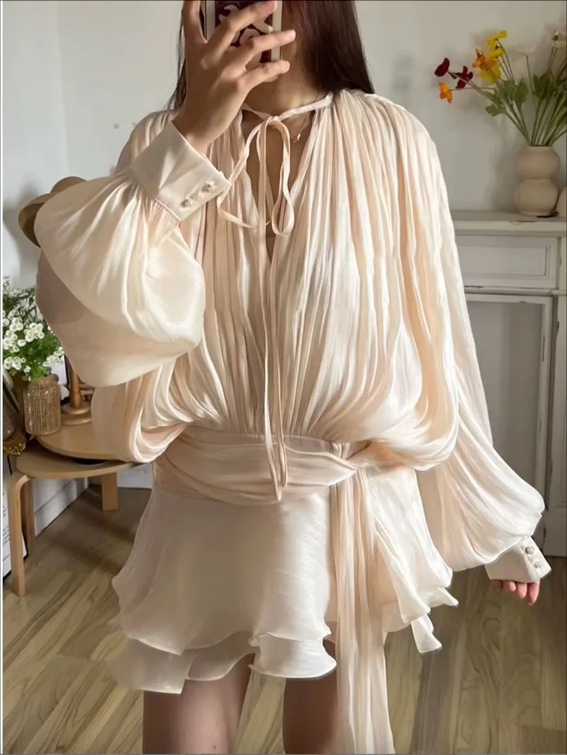 

Solid Blouse Mini Dresses Women V Neck Long Sleeve Lace Up Dress Female French Sexy Elegant Vintage Vestidos Y2k Платье 원피스