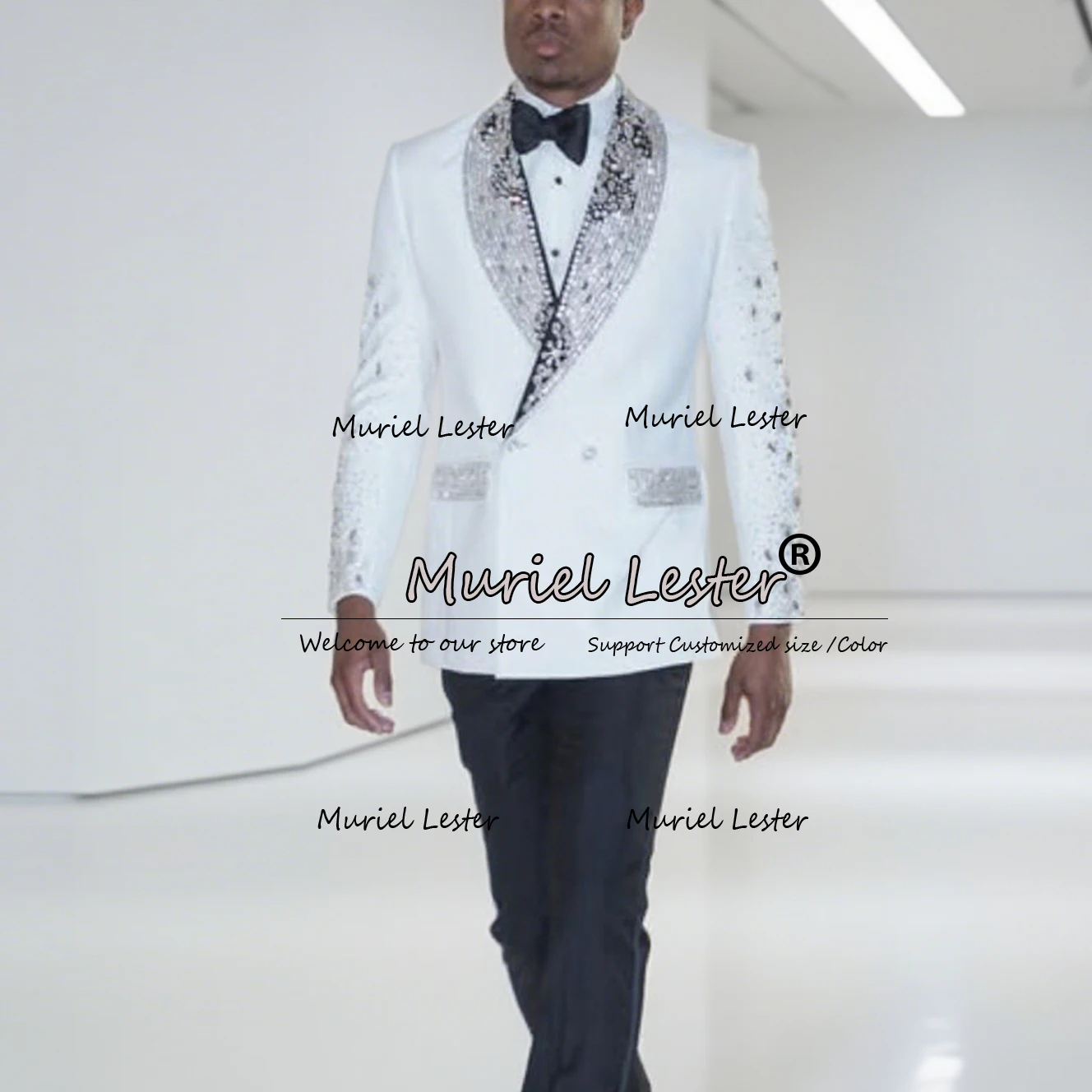

Crystals Beads Suits Men For Wedding Customized Man Double Breatred Jacket Pants 2 Pieces Sets Groom Tuxedos traje de hombre