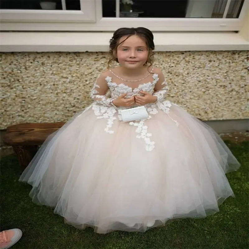 

Lace Flower Girl Dresses For Wedding 3D Appliqued Ball Gown Toddler Pageant Gowns Tulle Pearls Floor Length Kids Birthday Dress