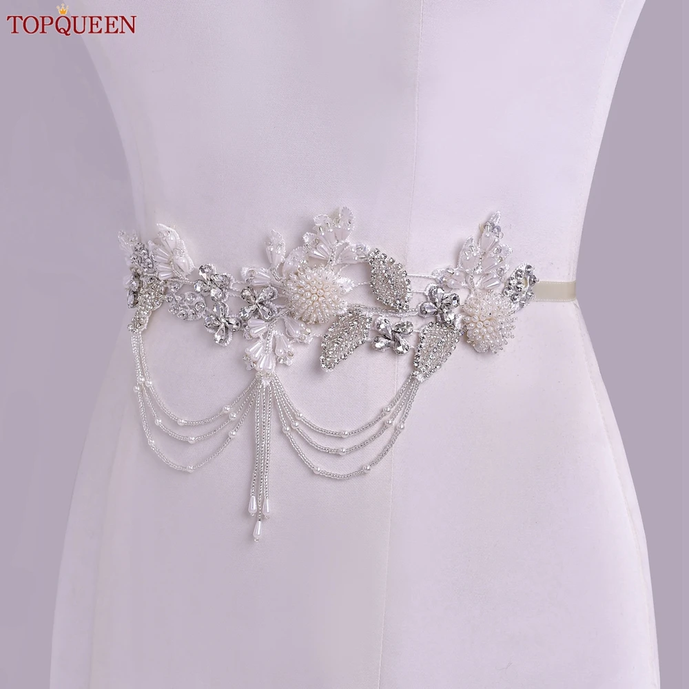 TOPQUEEN Beaded Bridal Belt Wedding Dress Belt Crystal Dress Applique Sewing Evening Gown Decoration S482