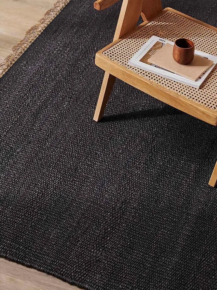 

Black Carpet Living Room Hand Woven Tassel Parlor Tatami Floor Mat Japanese Style Bedroom Carpet Bedside Floor Mats