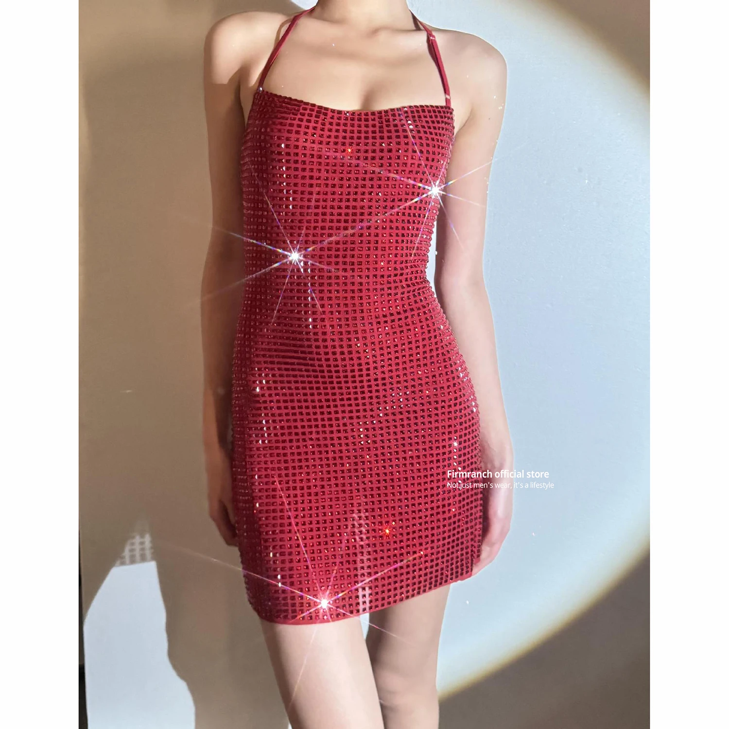 Firmranch French Sequin Hanging Neck Dress Women's High-end Evening For Annual Party Event Backless hip-hugging Short Skirt