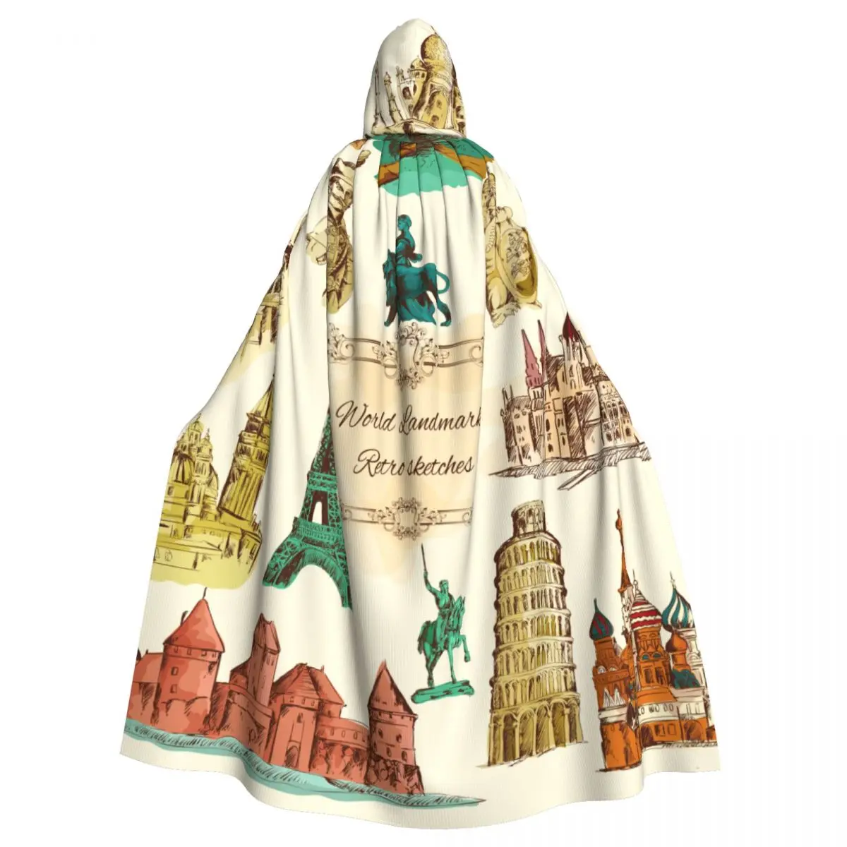 World Landmarks Sketch Vintage Icons Set Adult Cloak Cape Hooded Medieval Costume Witch Wicca Elf Purim Carnival Party