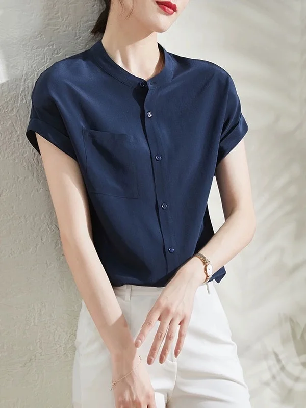 

Женский шифоновый топ с воротником-стойкой в Корейском стиле, прямой крой и пуговицами, полиэстер, летняя одежда стандартной посадки...