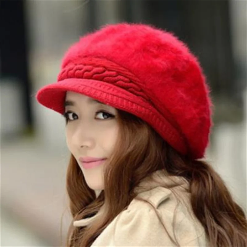 Casual Women Beret Hats Thick Rabbit Fur Cap Hair Wool Knitted Female Berets Winter Warm Cap Boina Skullies Cabbie Beanies Hats