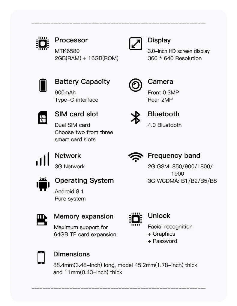 SERVO Mini Android Smartphone 3.0" Touch Screen 3G Dual SIM 2GB+16GB Face Unlock HiFi Sound WiFi Hotspot GPS Pocket Mobile Phone