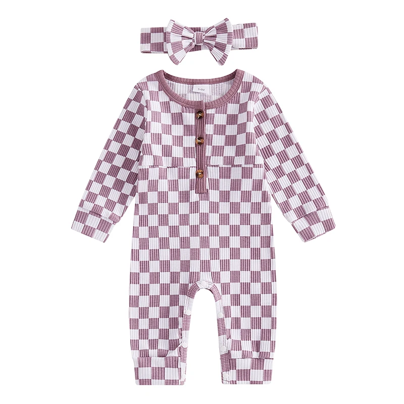 

Baby Girl Checkered Jumpsuit Ribbed Button-up Long Sleeve Round Neck Fall Romper Bow Headband