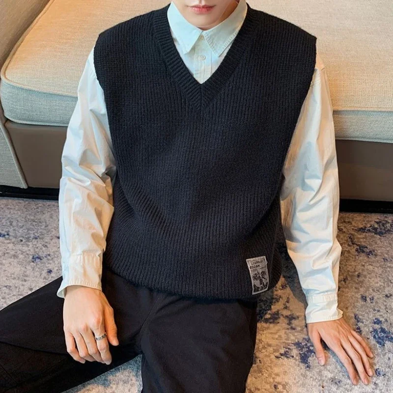 

Японский модный Ins Preppy Academy Style, мужской шерстяной свитер с v-образным вырезом, жилет, свободный трикотаж без рукавов, повседневная верхняя одежда, универсальная
