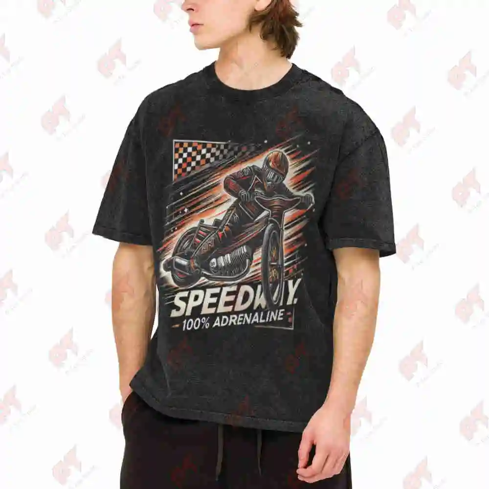 Motorcycle Speedway Racing Checkered Flag Vintage Washed Tee Pure Cotton T-Shirt