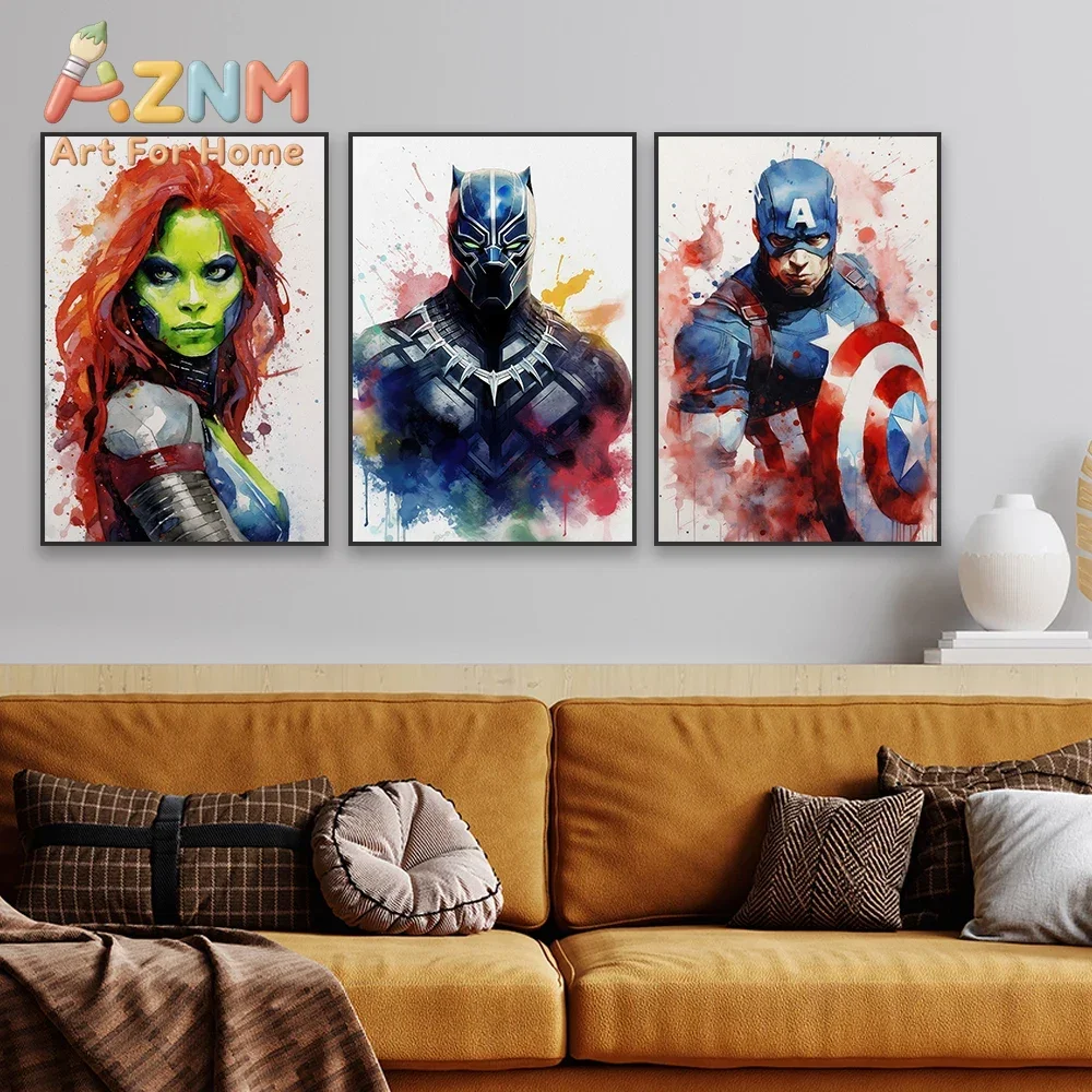 AZNM Marvel Superhero Watercolor Canvas Wall Art Frameless Poster Spider-Man Deadpool Wolverine Hulk Character Print Room Decor
