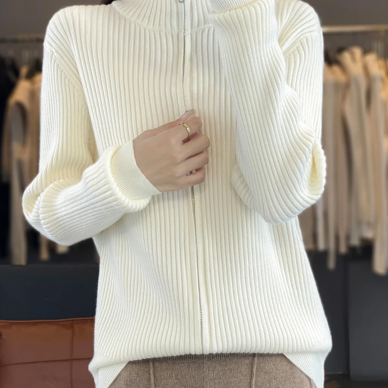 Winter Women Knitwear Cashmere Wool Cardigan Fashion Sweater High collar Long sleeves Double Zipper Style Warm Soft Basics Tops