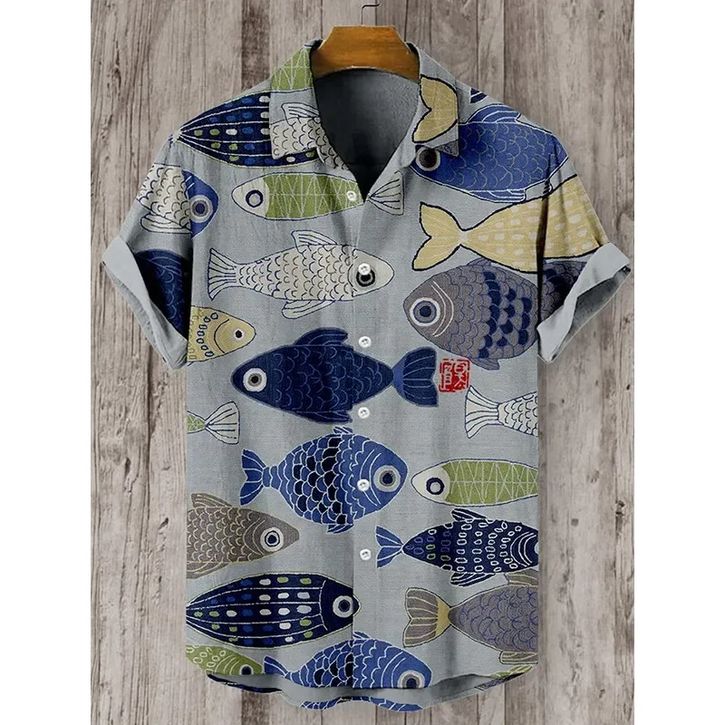 

Men's Ocean Fish Art Print Short Sleeve Linen Blend Shirt Summer Hipster Button Down Shirts Retro Harajuku Japanese Style Shirt