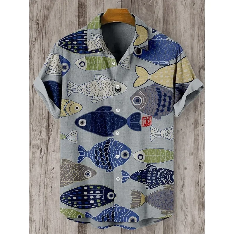 Men's Ocean Fish Art Print Short Sleeve Linen Blend Shirt Summer Hipster Button Down Shirts Retro Harajuku Japanese Style Shirt