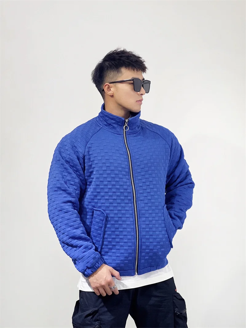 

2023Sports Fitness Muscle Waffle Coat Men's Autumn Sports Season Loose Cardigan Zipper Fashion Brand Casual Solid Mock Neck