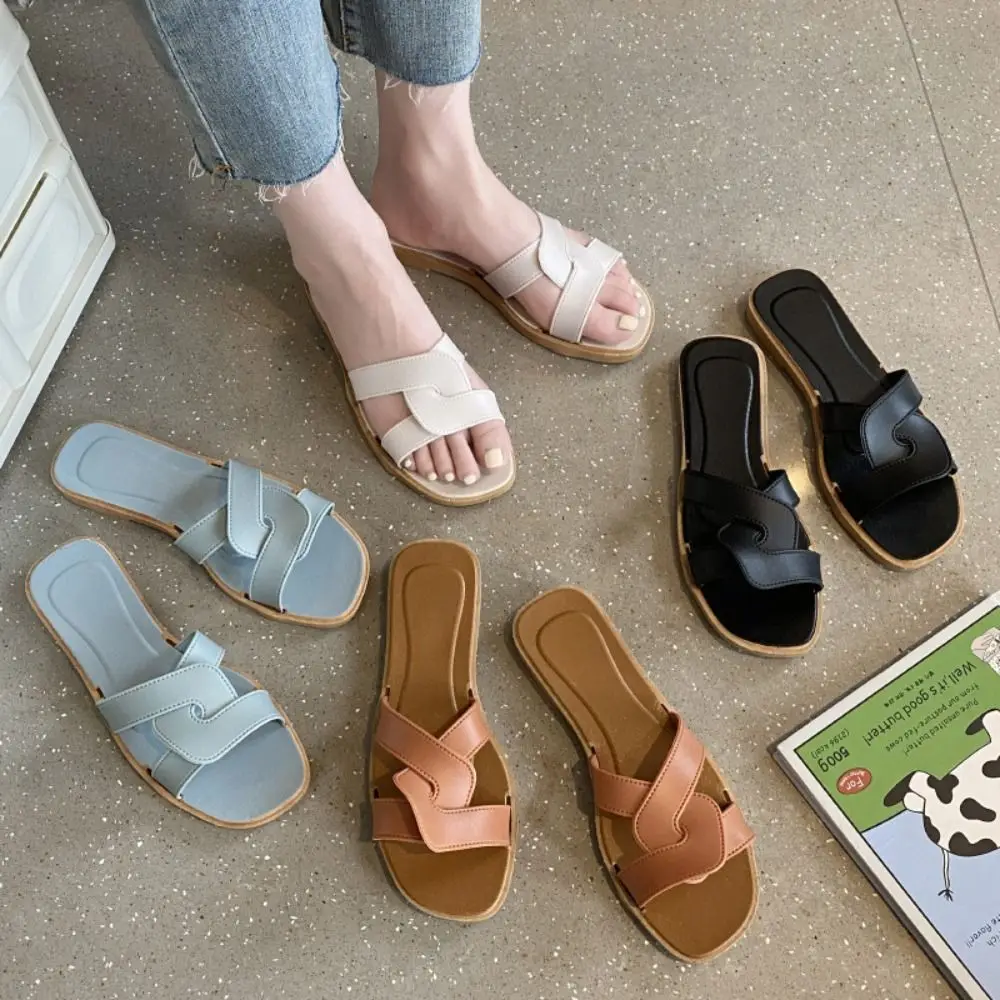 

All Match Cross Belt Flat Bottom Slippers Anti Slip PVC Slides Sandals Casual Beachwear Shoes Slippers Women Women