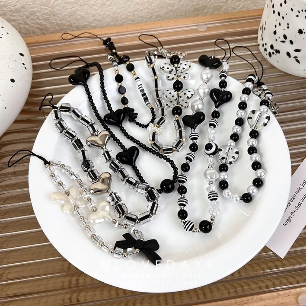 Black Butterfly Mobile Phone Lanyard for Women Girls Telephone Charm Strap Heart Acrylic Pearl Beaded Phone Charm Strap Jewelry