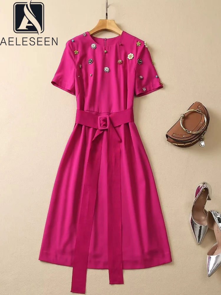 

AELESEEN Designer Fashion Mini Dress Women Summer Solid Rose Red Black Button Beading Blet Holiday Vacation