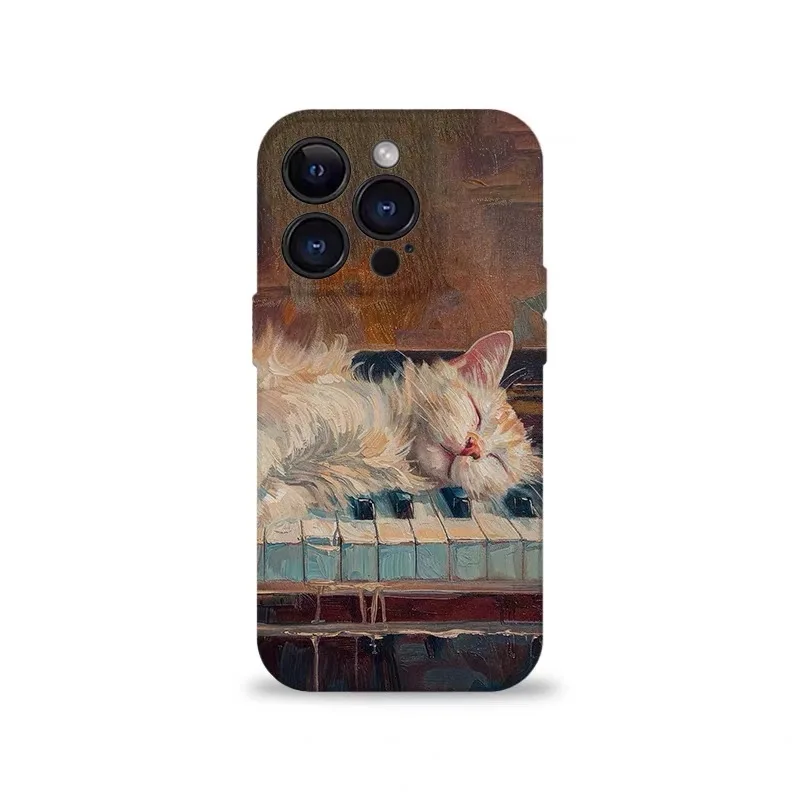 

Ins Brown Oil Painting Piano Cat Case for IPHONE 17 16 ProMax 15 14 Plus 13 12 MINI 11 PRO 16Plus XR XS MAX Acrylic Phone Cover