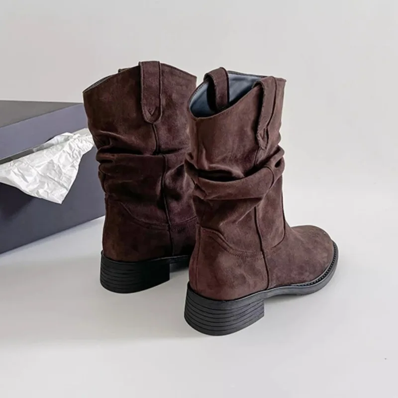 Elegant Korean Style Short Boots Square Head V-notch Thick Heel Slimming Effect Waterproof PU Leather Rubber Outsole