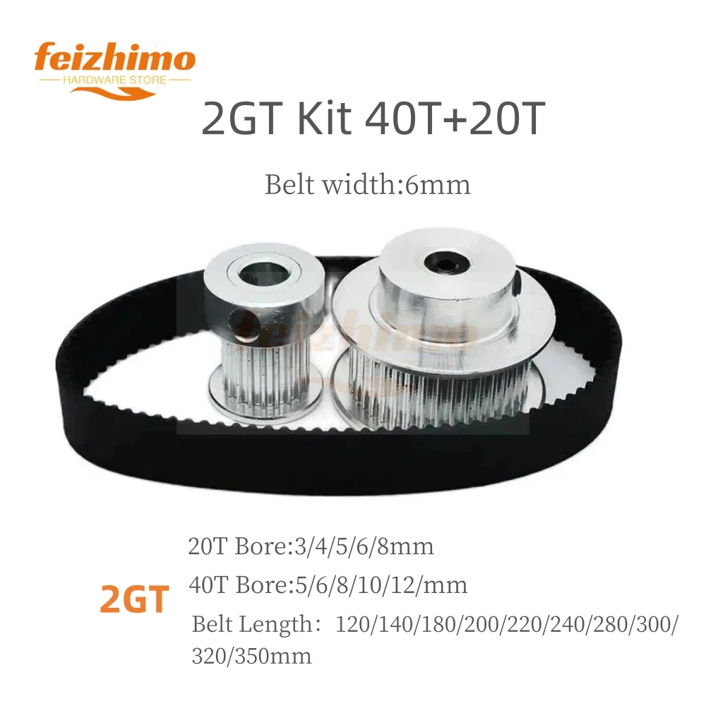 

2GT Timing Belt Pulley Set Tensioning Wheel, Bore 3~12mm Reduction 2:1GT2 Synchronous Pulley Belt Kit 40T 20Teeth Belt Width 6mm