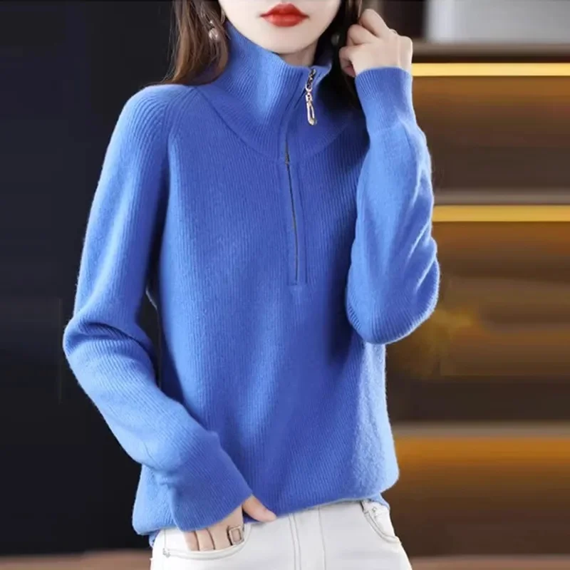 2024 New Lapel Half zipper Thick Sweater Ladies Autumn Winter Retro Warm Joker Long Sleeve pullover sweater Women Knitwear