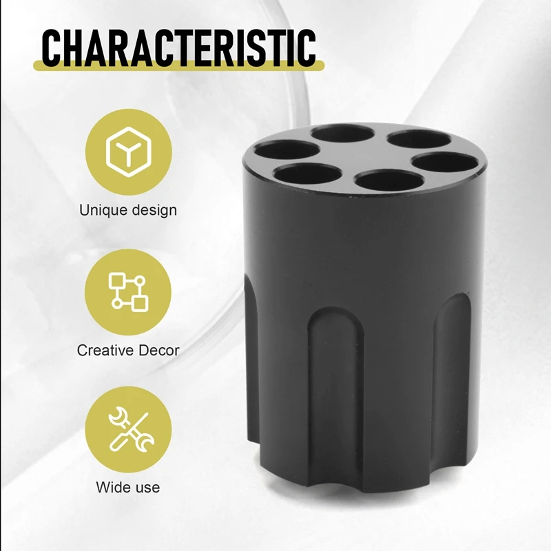 Revolver Pen Holder With 6 Slot Cylinder Design Heavy Duty Non-Slip Aluminum Alloy Office Creative Ornament