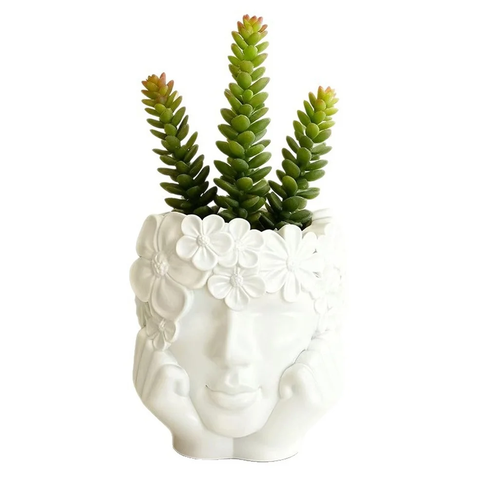 for succulent Nordic Girl Holding Face Design White Enamel Rubber Container for Mini Garden Arrangements 10.5 11 11cm