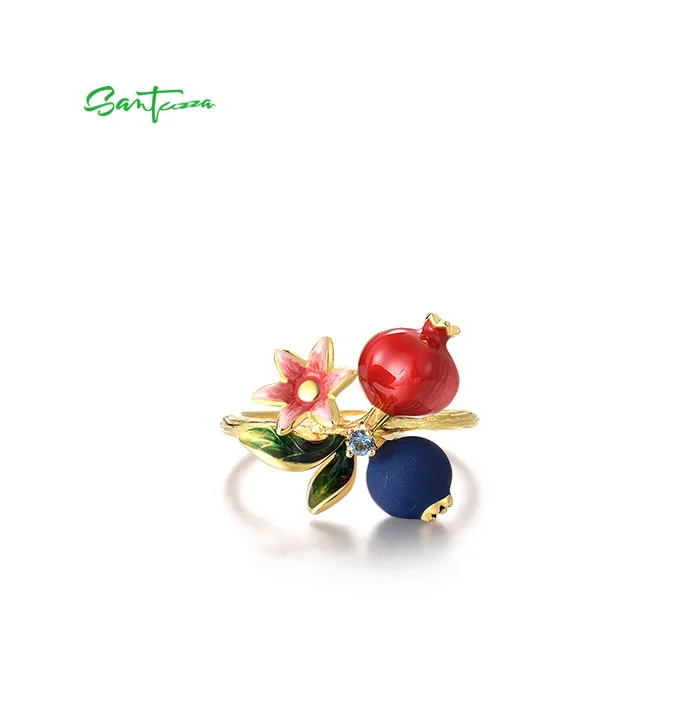 SANTUZZA Authentische 925 Sterling Silber Ringe für Frauen, Niedliche Blaubeeren & Granatapfel Emaille Früchte, Zarte Blumen, Edle Schmuckstücke – Detail 8