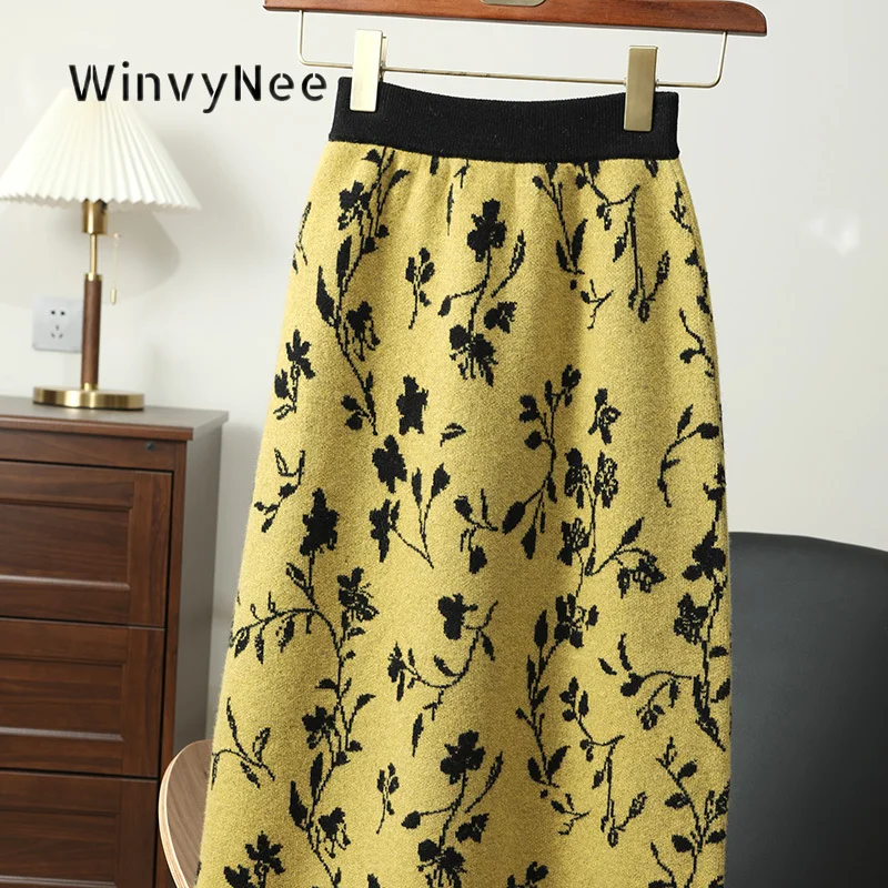 WinvyNee Women Pure Wool Jacquard Knitted Skirt Loose Fit Soft Textured Elegant Streetwear Autumn Winter Casual Bottom ZE1853009