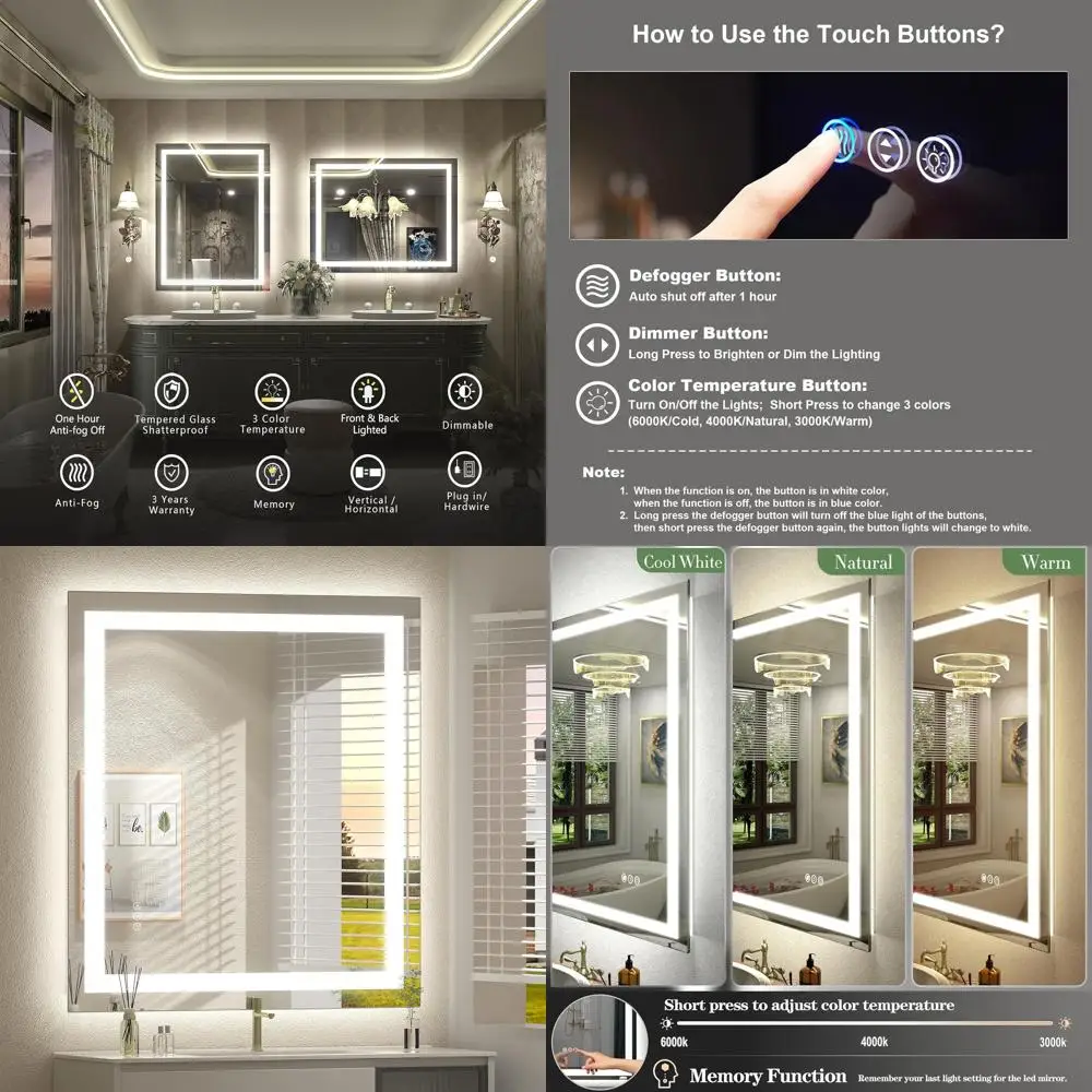 Miroir de salle de bain éclairé à 36 LED, miroir de courtoisie mural avec rétro-éclairage et lumière avant, intensité variable, Anti-buée, fonction mémoire